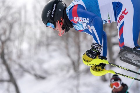 Mount skier Fedoryan Fedor Sakhalin Region at start. Russian Alpine Skiing Championship,
