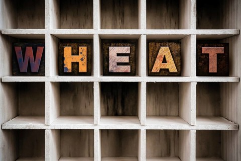 The word WHEAT written in vintage ink stained wooden letterpress type in a partitioned printer's