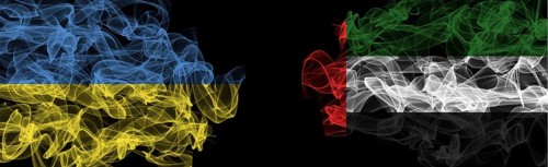 Flags of Ukraine and UAE on Black background, Ukraine vs United Arab Emirates Smoke Flags