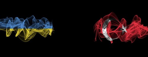 Flags of Ukraine and Turkey on Black background, Ukraine vs Turkey Smoke Flags