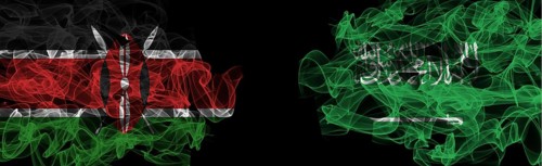 Flags of Kenya and Saudi Arabia on Black background, Kenya vs Saudi Arabia Smoke Flags