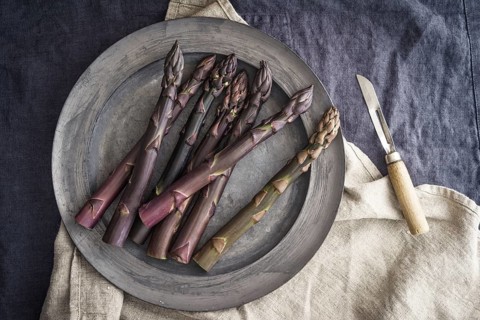Fresh purple asparagus on an old pewter plate with an old paring knife on dark linen