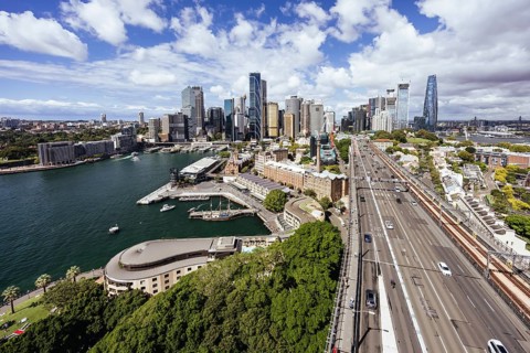 SYDNEY, AUSTRALIA, MARCH 4 2023: The Sydney CBD and surrounding harbour, including Circular Quay