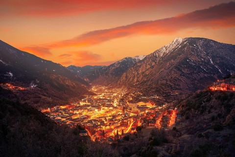 Andorra la Vella skyline at sunset in Pyrenees mountains