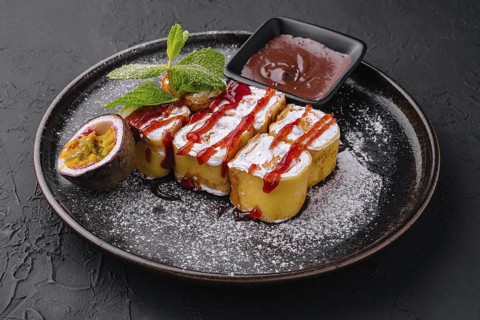 Food, Delicious fruit sushi rolls in pancake with cottage cheese