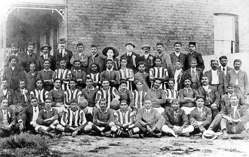 A football team of passive resisters in South Africa, 1913. Back row sixth from left: Gandhi and