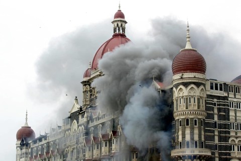 Smoke emits from Taj Mahal Hotel during terrorist attack, Bombay Mumbai, Maharashtra, India