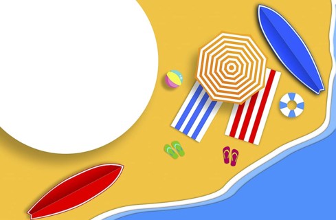 Summer background with a clean sandy beach, blue sea, striped umbrella, rugs, thongs, lifebuoy,