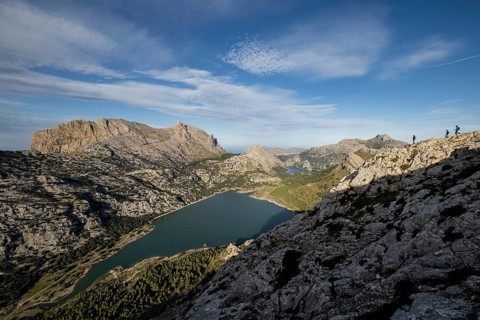 Trekkers on the crest of the Puig de Rateta with the Puig Major in the background, Escorca,
