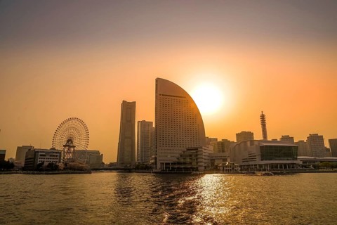 Yokohama Minato Mirai skyline visible from the pleasure boat. Shooting Location: Yokohama-city