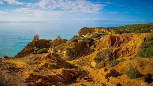Panorama landscape on the seven hanging valleys famous hike on the Algarve coast in Portugal.