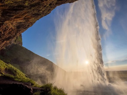 Seljalandsfoss waterfall, backlight shot, South Iceland, Iceland