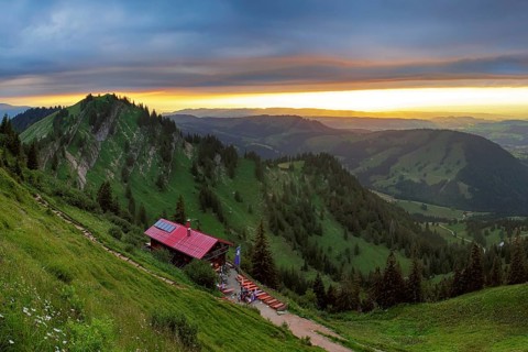 Panoramic view from the Nagelfluhkette to the foothills of the Alps, Nagelfluhkette, Allgäu. The