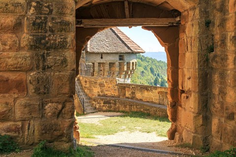 Medieval passageway, round tower, Hohen Rechberg castle ruins, Baden-Württemberg