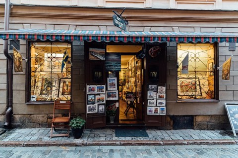 Stockholm, Sweden, August 8, 2019: Art Gallery storefront in Gamla Stan. The Old Town is one of the