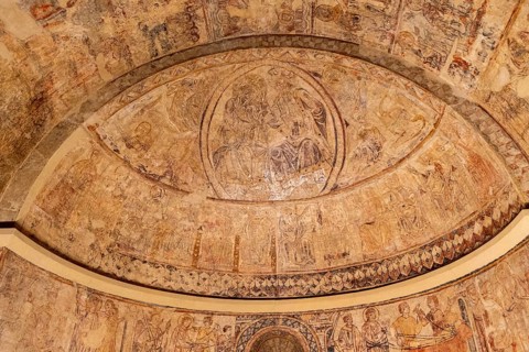 Coronation of Mary for her son Jesus Christ, wall paintings of Osia, XIII century, fresco torn and