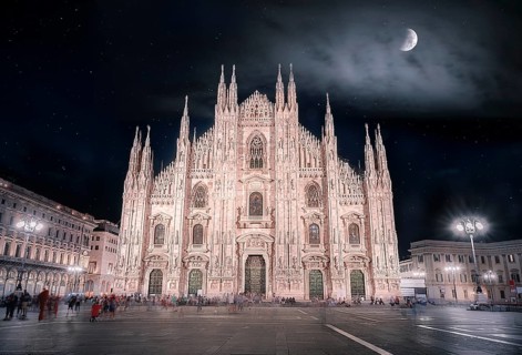 Night picture with the Cathedral of Milan, known also as the Duomo of Milan, with a beautiful sky