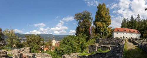 Ruins of Massenburg Castle, former castle complex, gate building at the back, panoramic view,