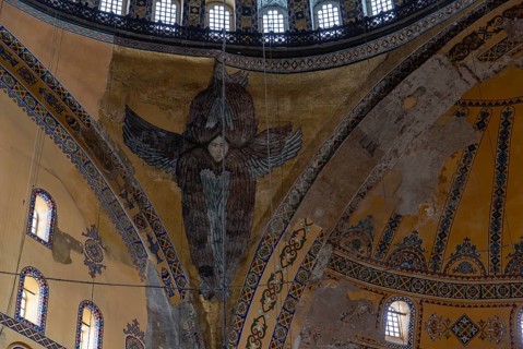 A picture of the colorful and gorgeous interior of the Hagia Sophia, in Istanbul