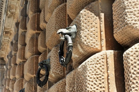 Alhambra, Granada, Andalusia, Spain, Close-up of an antique door knocker on a stone wall, Alhambra,