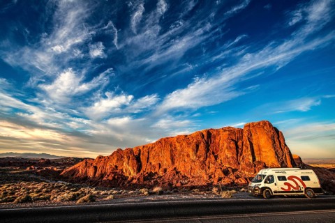 Motorhome in front of Gibraltar Rock, Valley of Fire State Park, Nevada, USA
