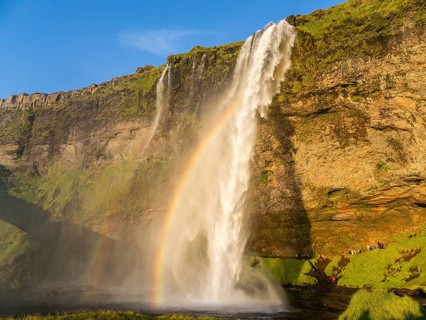 Rainbow at Seljalandsfoss waterfall, South Iceland, Iceland