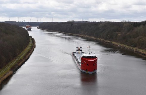 Heavy load carrier, cargo ship ALEXIA sailing in the Kiel Canal, Kiel Canal, Kiel Canal,
