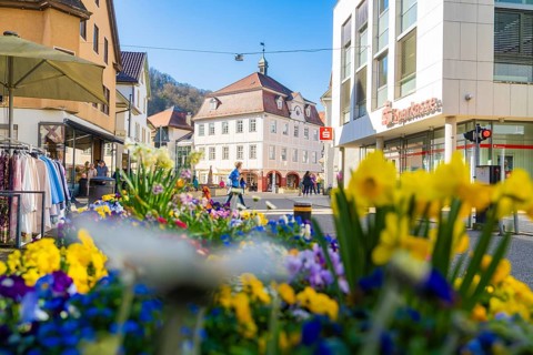 Flowerbed in the foreground of a busy shopping street, framed by people and buildings, Nagold Town