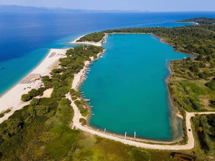 Aerial view, lagoon, beach and harbour, Glarokavos, Pallini, Kassandra Peninsula, Chalkidiki,