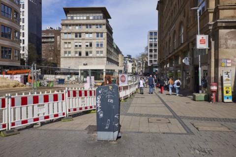 Construction site at Willy-Brandt-Platz and pedestrian zone in Essen, Ruhr area, independent city,
