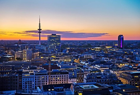 City view from above with the Heinrich Hertz Tower at atmospheric sunset, Hamburg, Germany