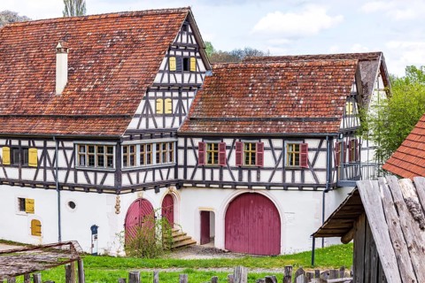 Historic farmhouse. Half-timbered building in the open-air museum on the Swabian Alb. Beuren,