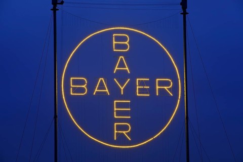 Bayer Cross, the world's largest illuminated sign with 1, 710 LED lights in the evening, Bayer AG,