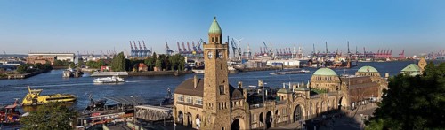 Elevated view of the St. Pauli landing stages with a view of Hamburg harbour, St. Pauli, Hamburg,
