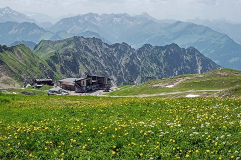 Edmund-Probst-Haus and Höfatsblick mountain station of the Nebelhornbahn, mountains of the Allgäu