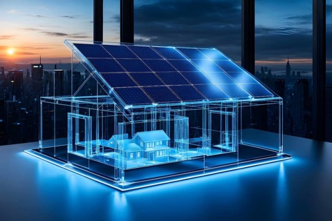 Hologram blue eco house with solar on table, ai generated, AI generated