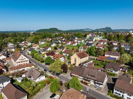 Aerial view of the municipality of Rielasingen-Worblingen, centre of Worblingen with the church of