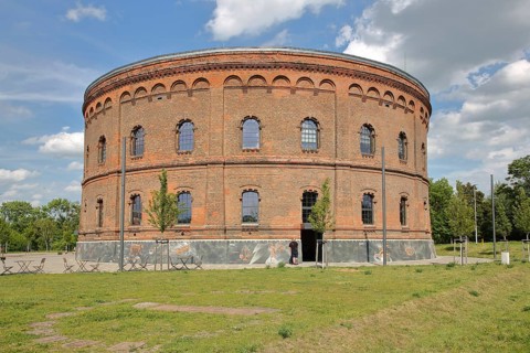 Red round planetarium, brick building, Halle an der Saale, Saxony-Anhalt, Germany