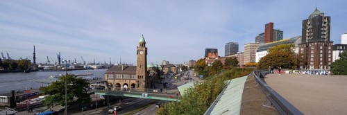 Clock tower, Landungsbrücken and harbour, viewing platform, St. Pauli, Hamburg, Germany