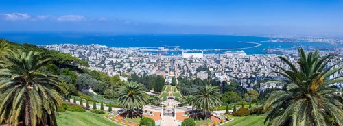 Bahai Garden in Haifa, Israel, a scenic panoramic landmark of hanging gardens and Haifa sea shore