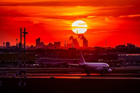 Cologne Bonn Airport in the evening with sunset and sunset. Cologne, North Rhine-Westphalia,