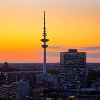 City view from above with the Heinrich-Hertz-Tower at atmospheric sunset, Hamburg, Germany