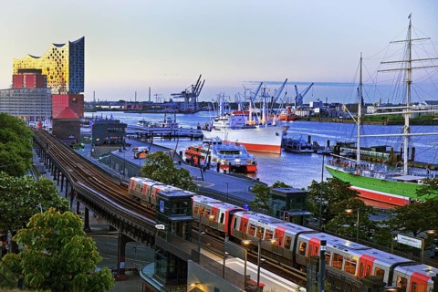 View of Hamburg harbour with museum ship Cap San Diego, elevated railway along the Elbe promenade