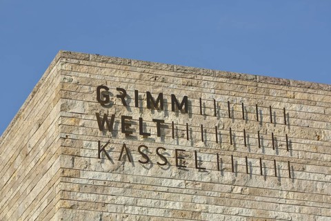 Building of Grimmwelt Museum with inscription, Grimm, world, Brothers Grimm, roof, corner of house,