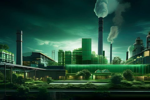 Crafted green cardboard factory embodying green washing concept, AI generated