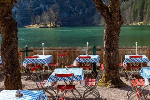 Empty beer garden at Königssee, Schönau am Königssee, Berchtesgadener Land, Upper Bavaria, Bavaria,