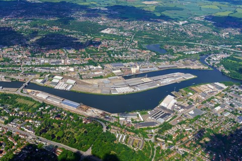 Lübeck, Schleswig-Holstein, aerial view, Hanseatic city, Trave, Vorwerk harbour, transshipment