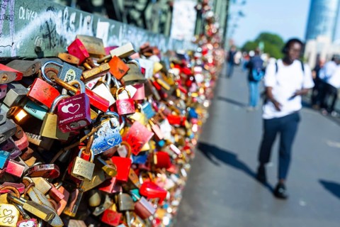 Hohenzollern Bridge Cologne. Hundreds of thousands of love locks adorn the bridge railings. City