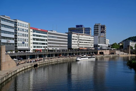 Skyline of Saarbrücken, in the foreground the river Saar, Saarland, Germany