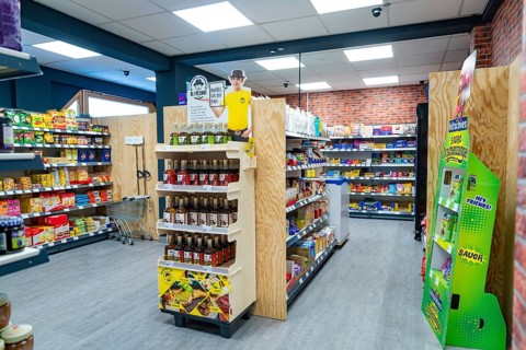 A modern supermarket with various products and decoration, Tante M, self-service shop,